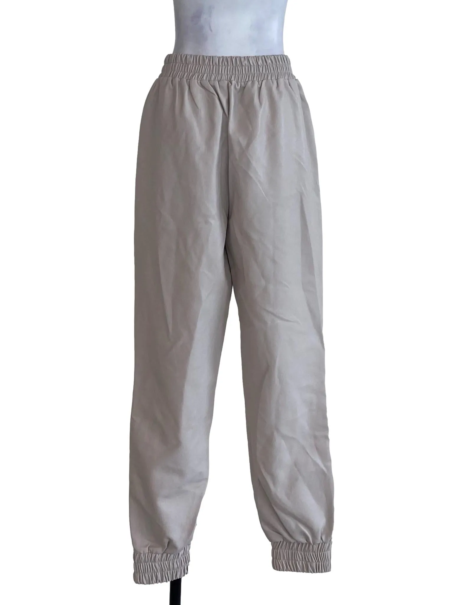 Beige Plain Leather Jogger
