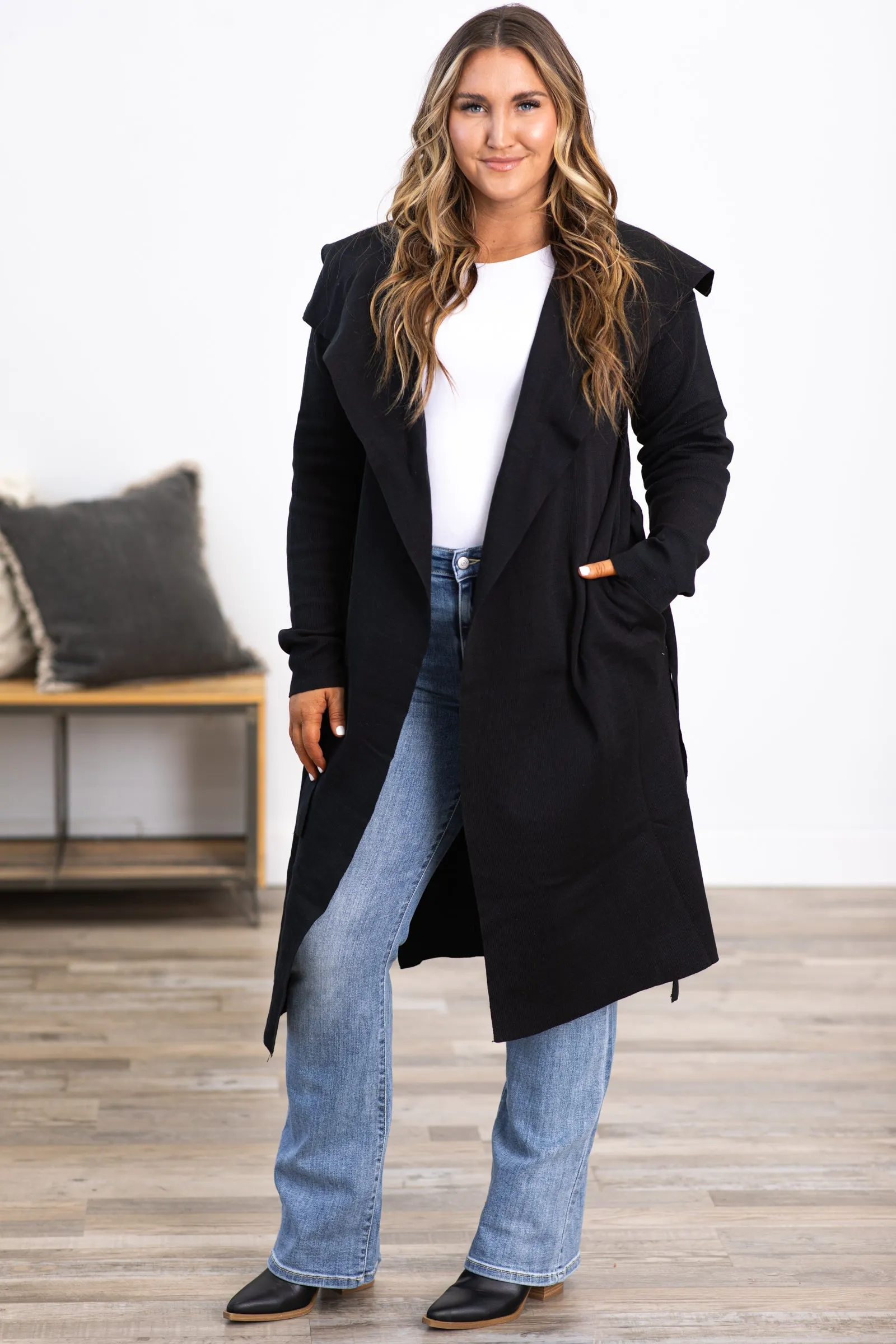 Black Self Tie Knit Coat