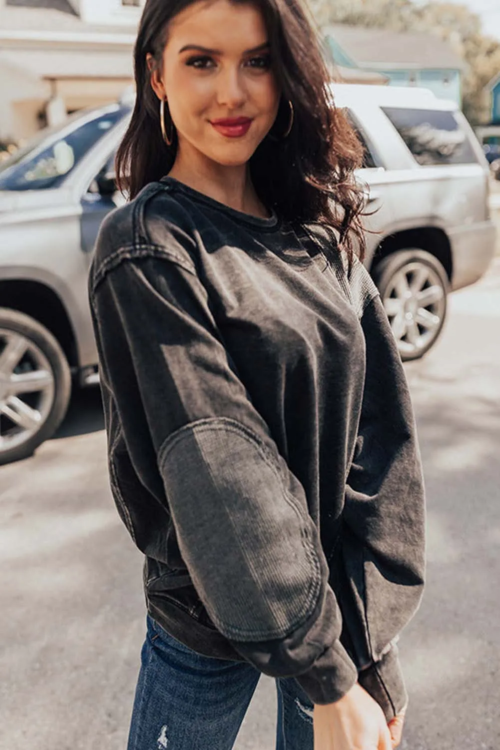 Black Vintage Exposed Seamed Waffle Knit Accent Pullover Sweatshirt