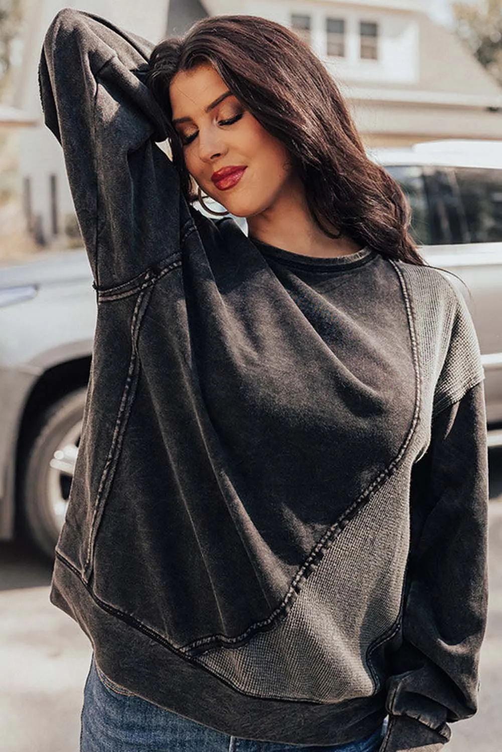 Black Vintage Exposed Seamed Waffle Knit Accent Pullover Sweatshirt