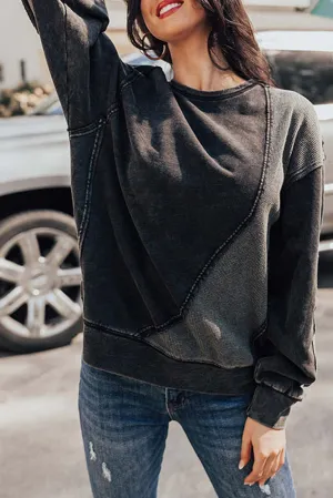 Black Vintage Exposed Seamed Waffle Knit Accent Pullover Sweatshirt