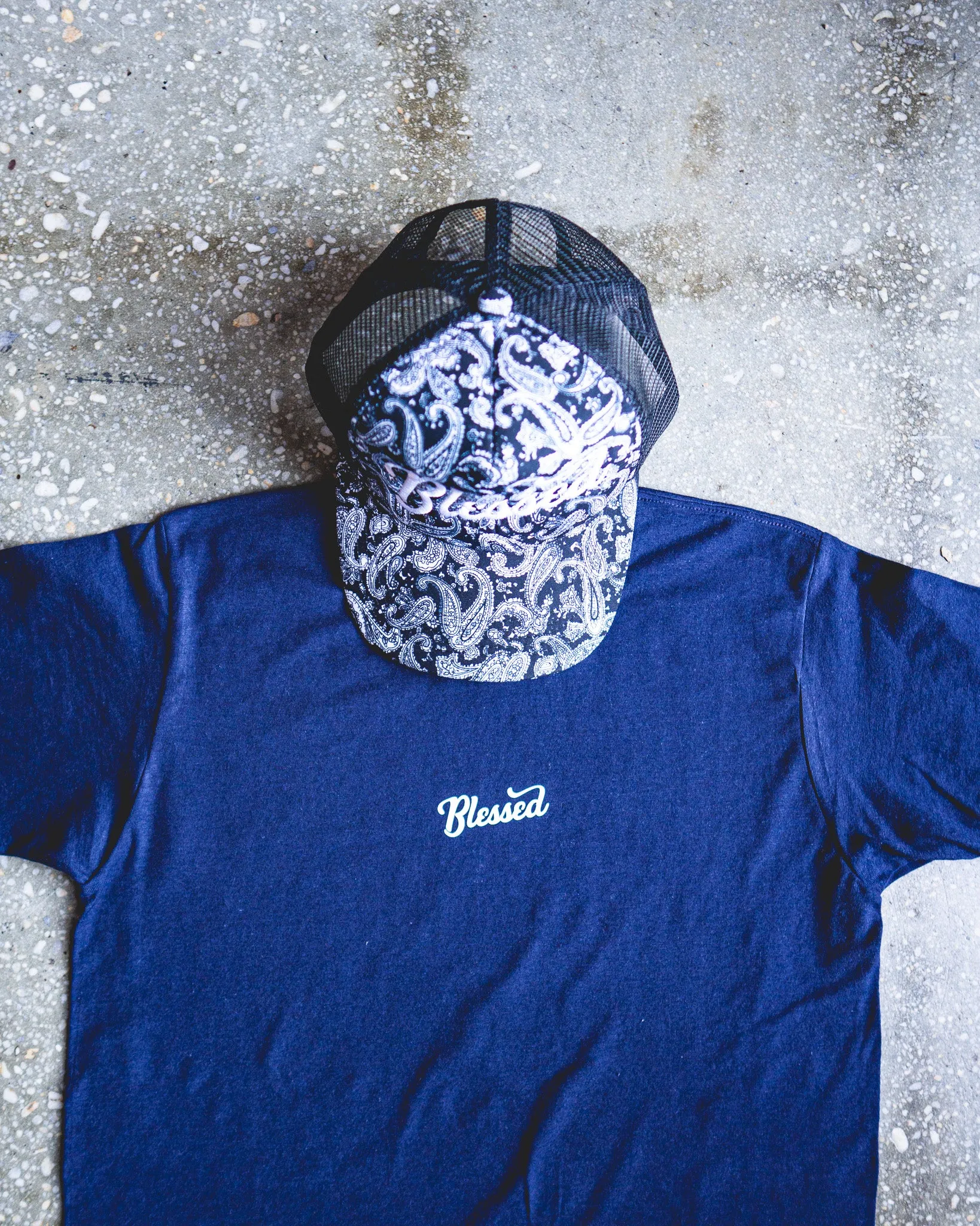 Blessed Adult Box T-Shirt & Black Paisley Trucker Bundle