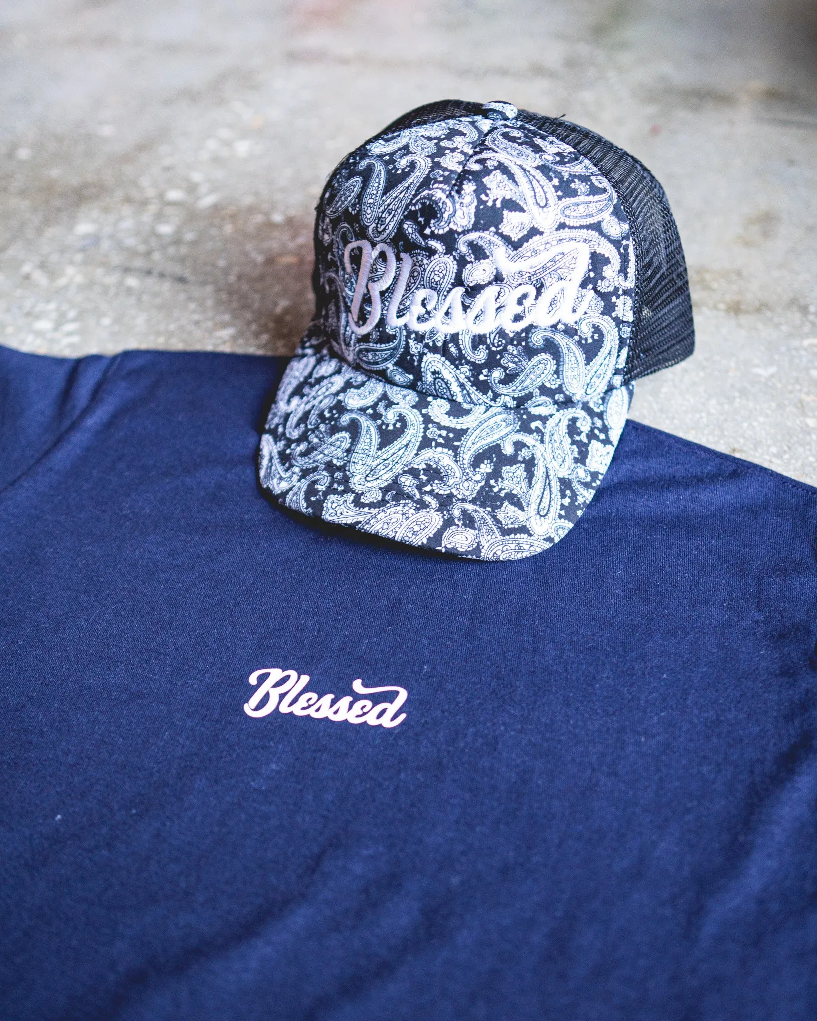 Blessed Adult Box T-Shirt & Black Paisley Trucker Bundle