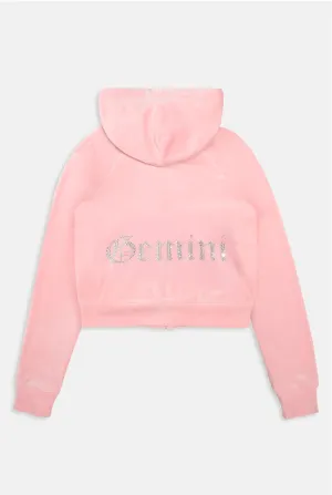 'GEMINI' JUICY PINK DIAMANTÉ VELOUR ZIP-THROUGH HOODIE