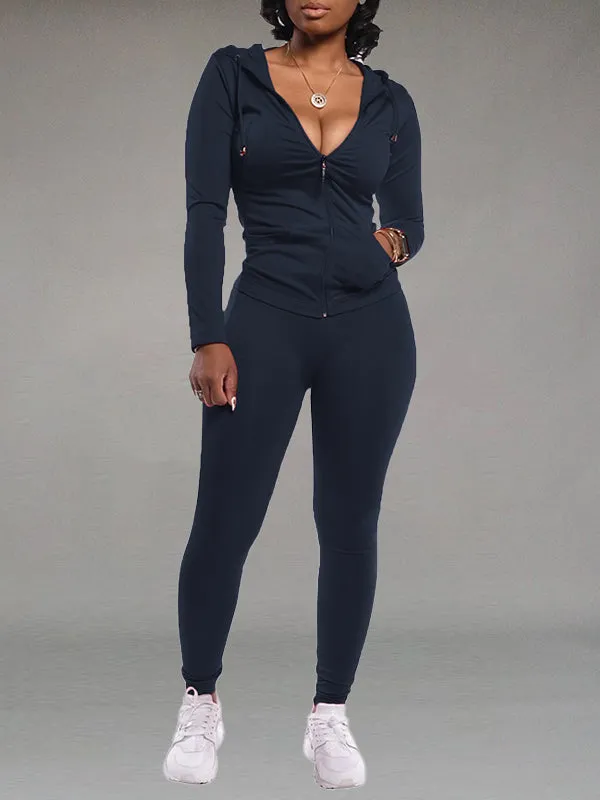 Gorgeousladie Solid Zip Hoodie & Pants Set