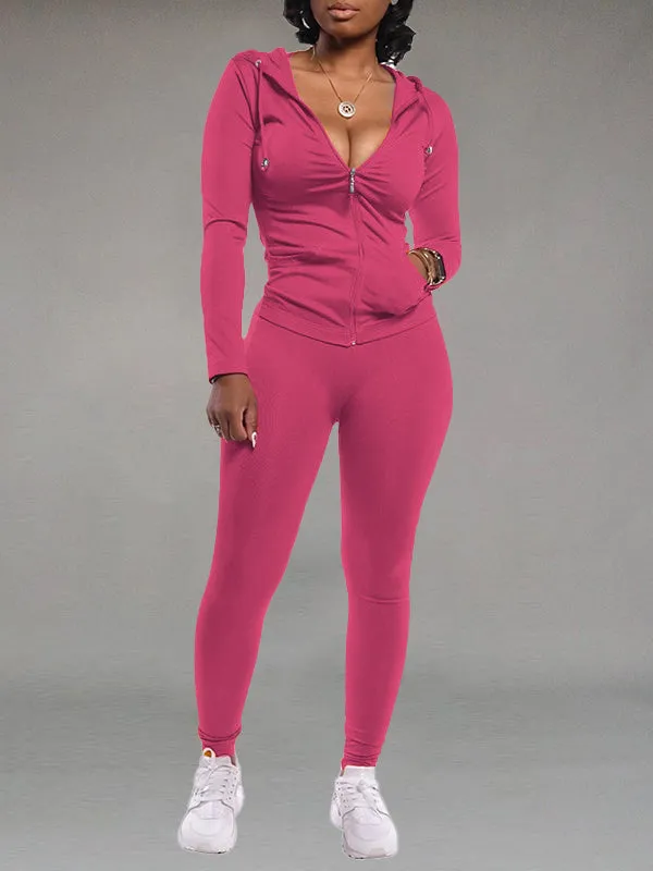 Gorgeousladie Solid Zip Hoodie & Pants Set