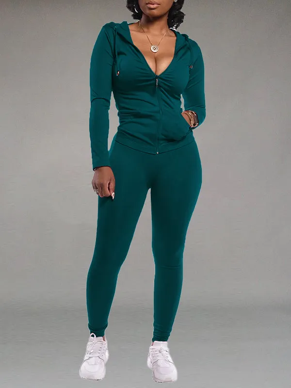 Gorgeousladie Solid Zip Hoodie & Pants Set
