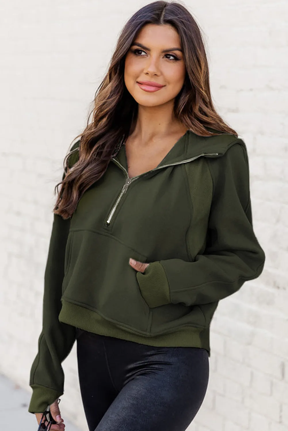Green Thumbhole Sleeve Ribbed Trim Half Zip Hoodie