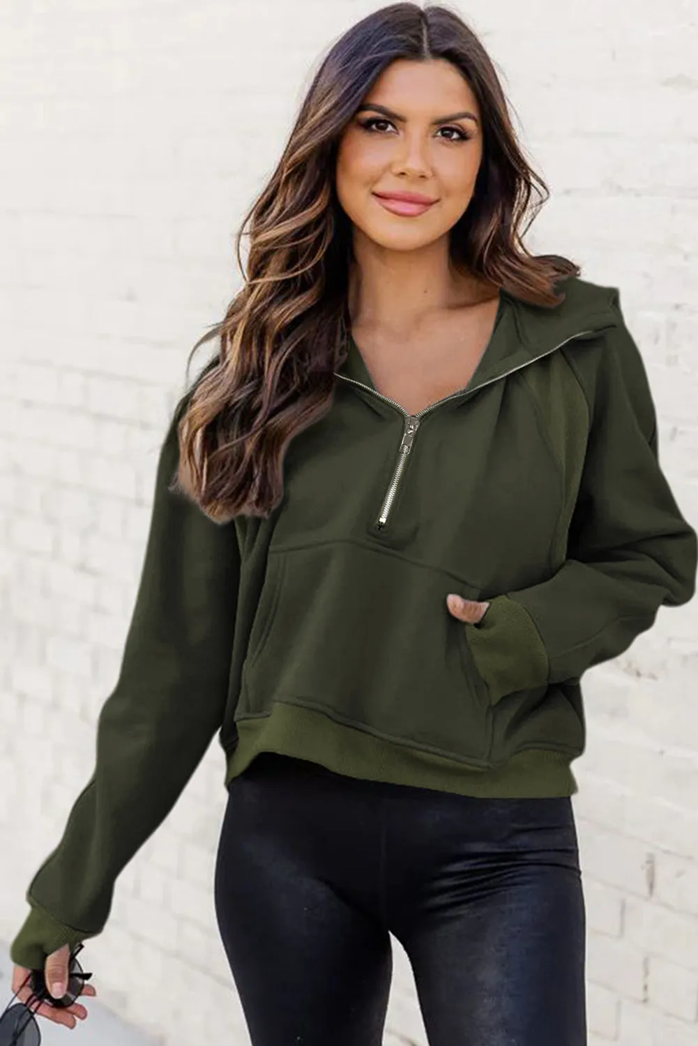 Green Thumbhole Sleeve Ribbed Trim Half Zip Hoodie