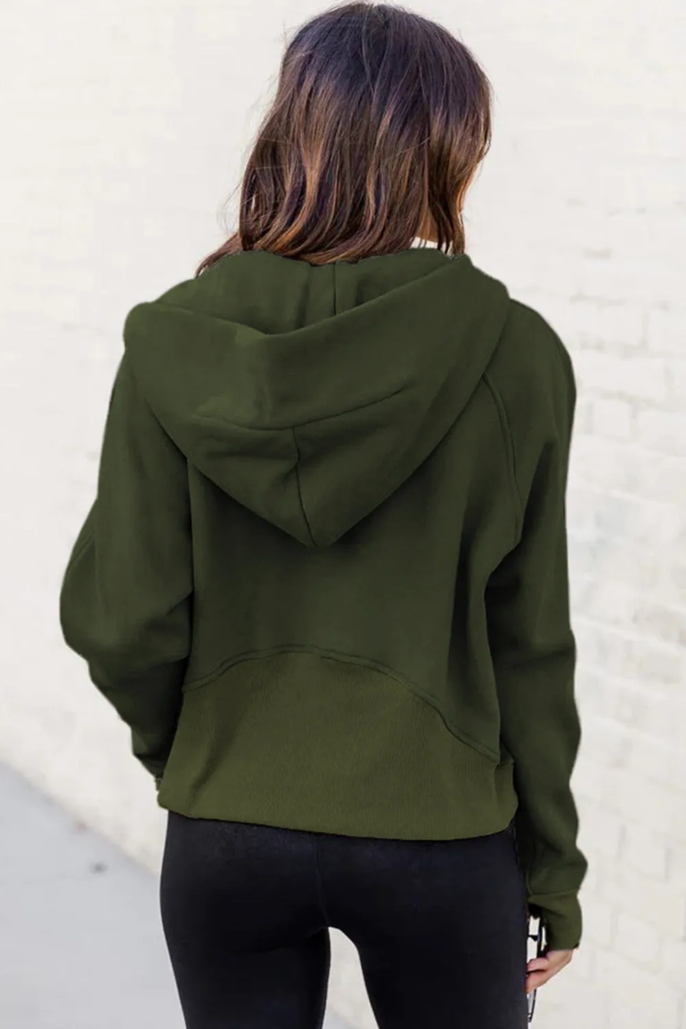Green Thumbhole Sleeve Ribbed Trim Half Zip Hoodie