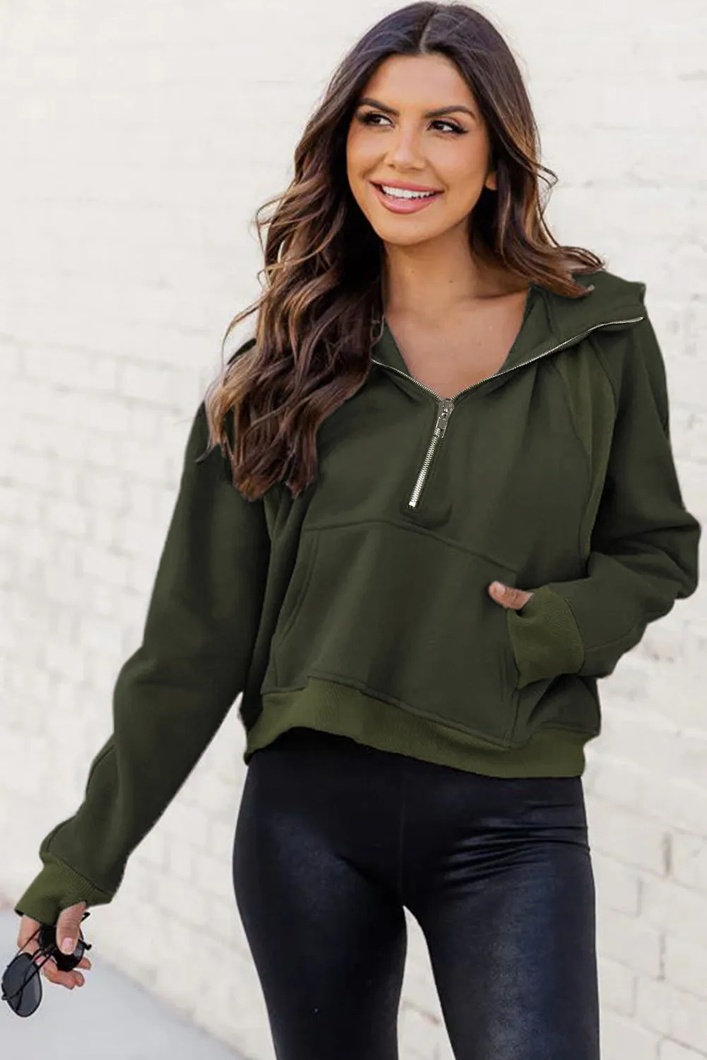 Green Thumbhole Sleeve Ribbed Trim Half Zip Hoodie