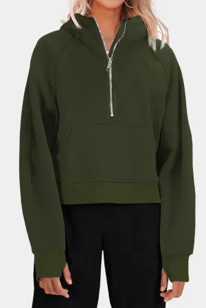 Green Thumbhole Sleeve Ribbed Trim Half Zip Hoodie