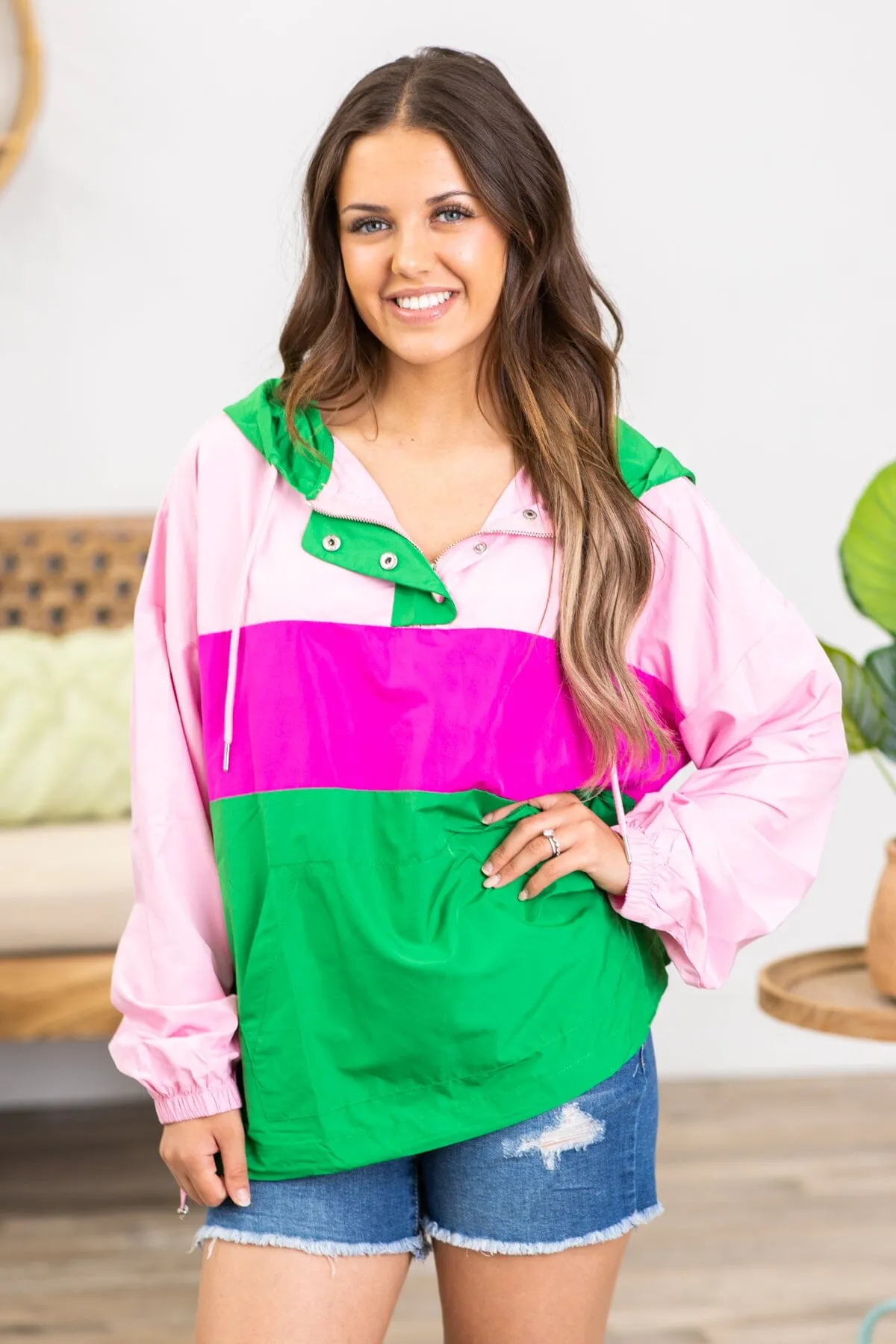 Jade and Pink Colorblock Windbreaker Pullover