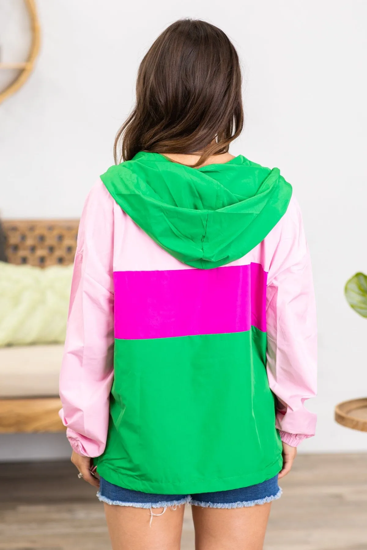 Jade and Pink Colorblock Windbreaker Pullover