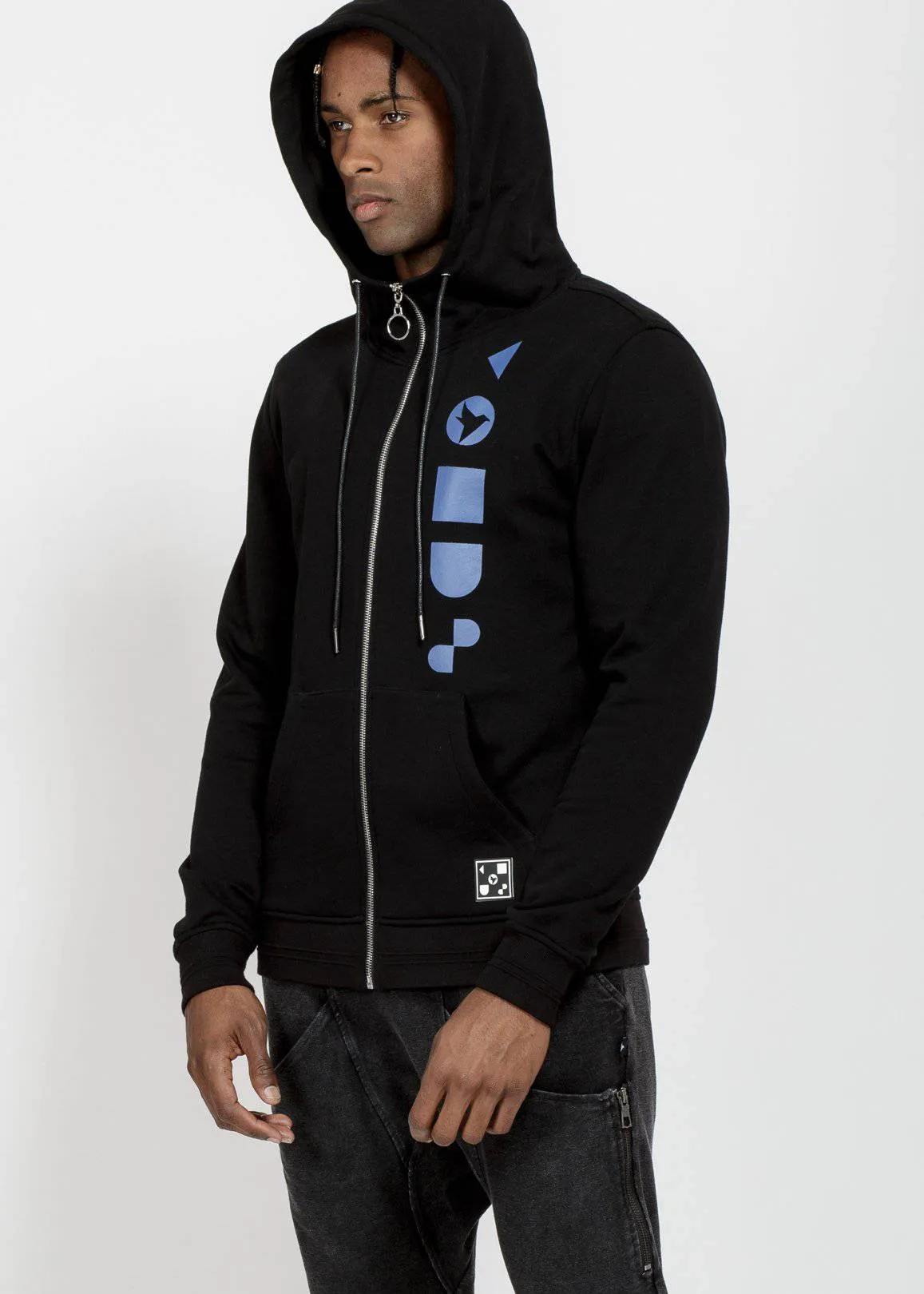 Konus Men's Mock Neck Zip Up Hoodie with Print in Black