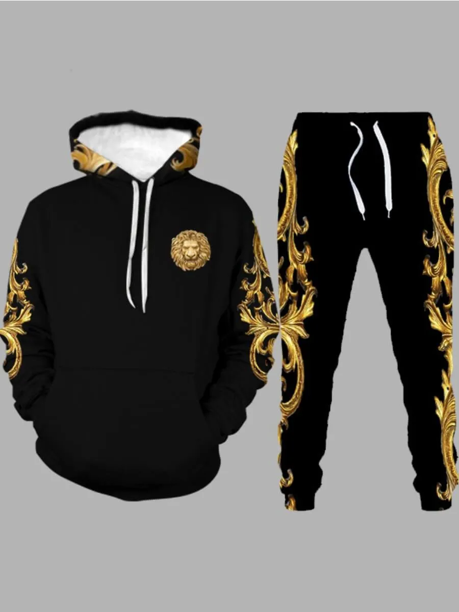 Men's Hooded Lion Printed Black/Gold Sweat Suit