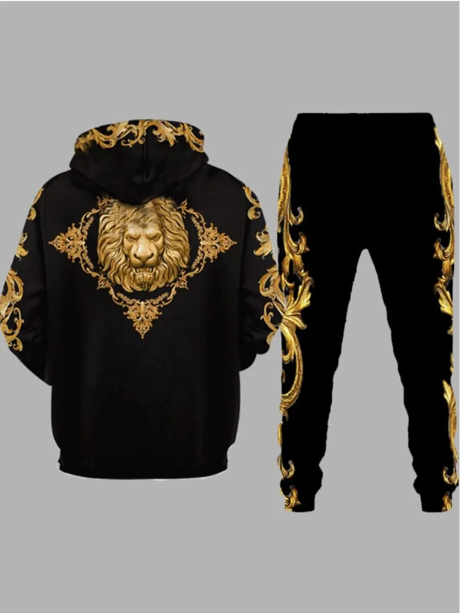 Men's Hooded Lion Printed Black/Gold Sweat Suit