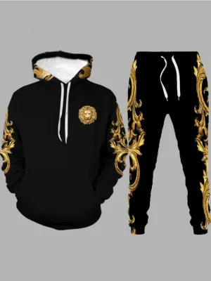 Men's Hooded Lion Printed Black/Gold Sweat Suit