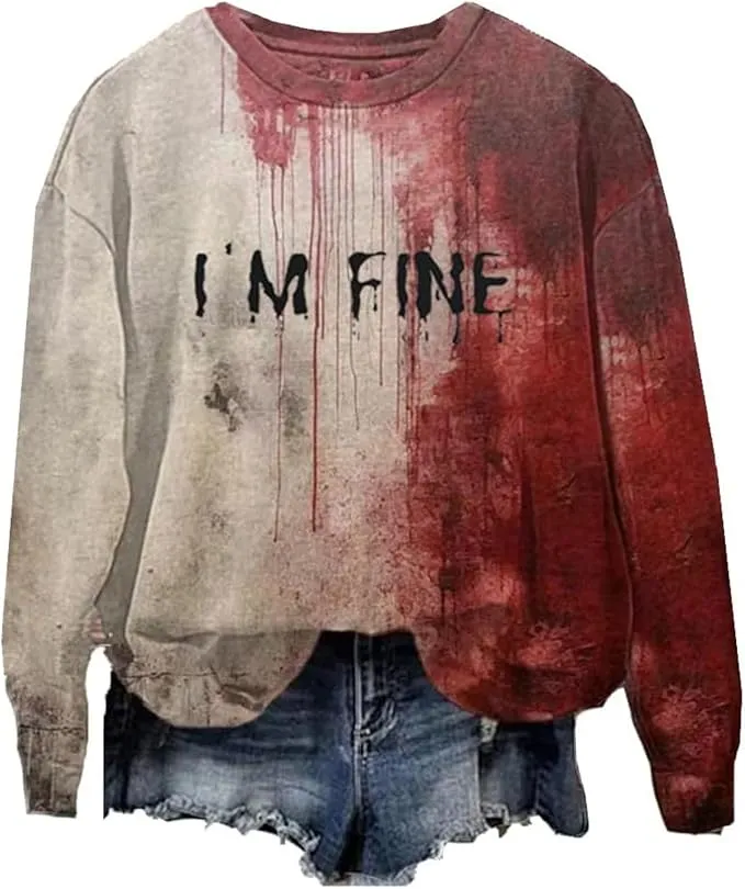 NEW Problem Solved Bloody Shirt Womens Mens Im Fine Bloody Sweatshirt Halloween T-Shirt Hoodies Pullover Tops Pockets, Sz M