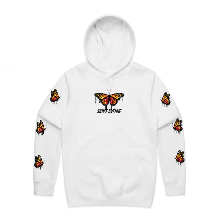 Orange Warmth Butterfly Drip | White Hoodie (Sleeves)