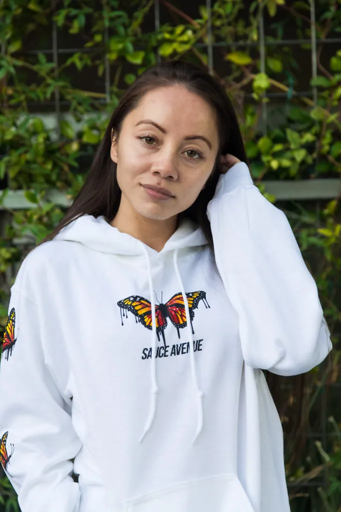 Orange Warmth Butterfly Drip | White Hoodie (Sleeves)