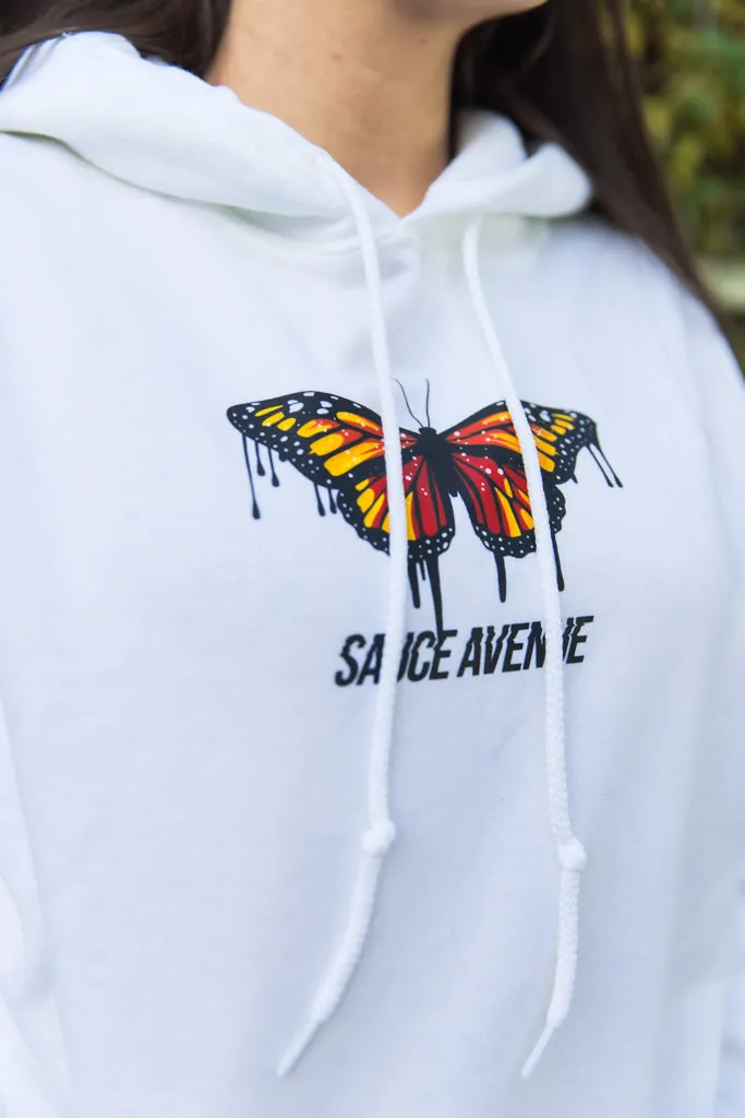 Orange Warmth Butterfly Drip | White Hoodie (Sleeves)