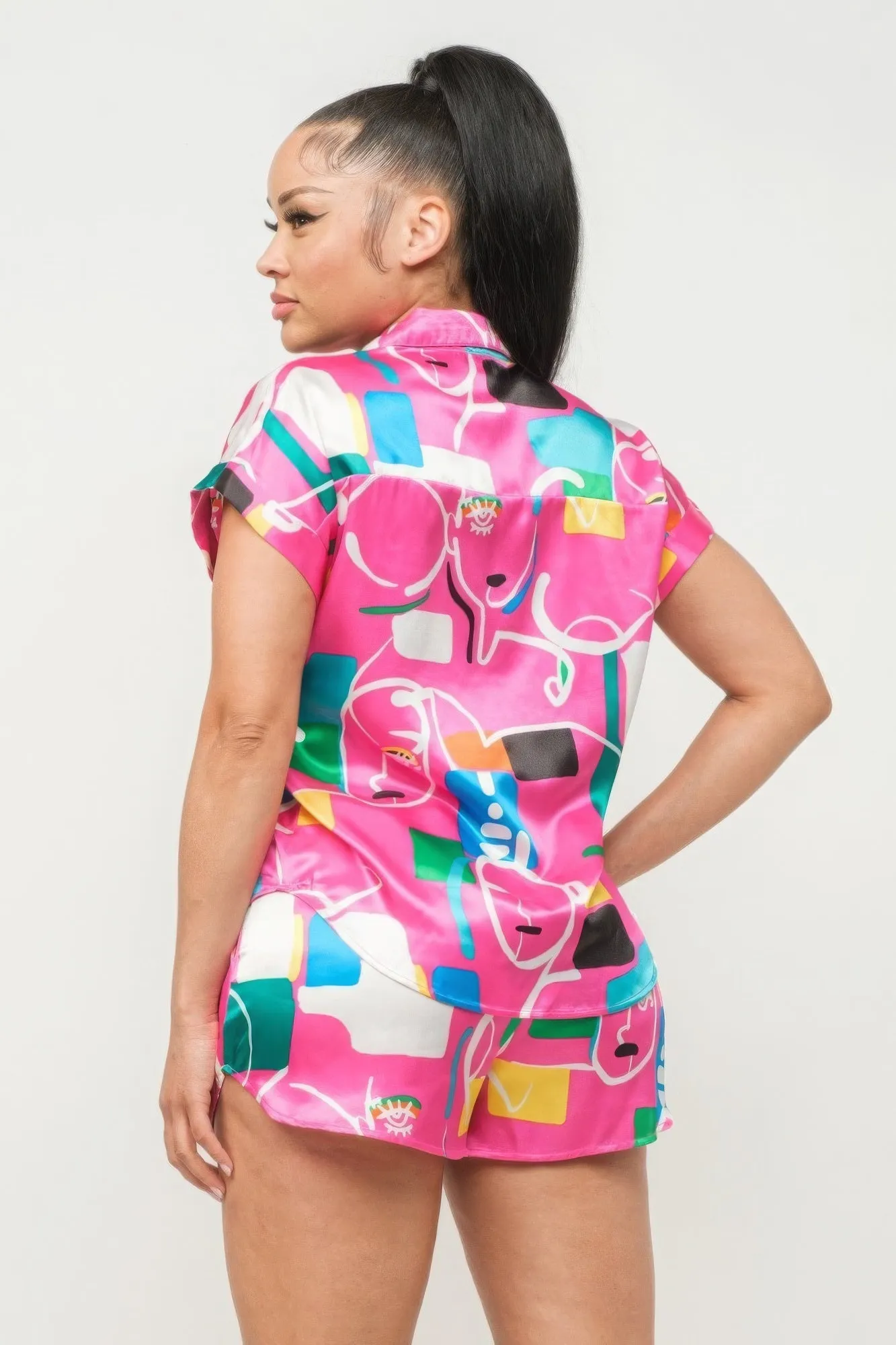Pink Satin Dolman Print Button Down Top And Shorts Set
