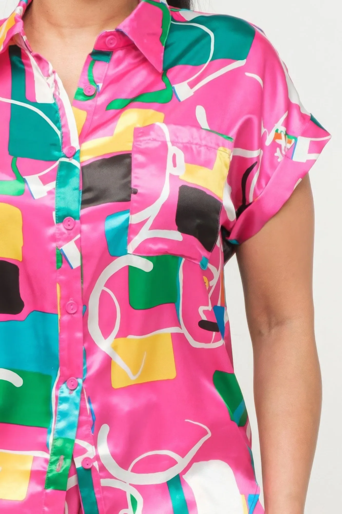 Pink Satin Dolman Print Button Down Top And Shorts Set