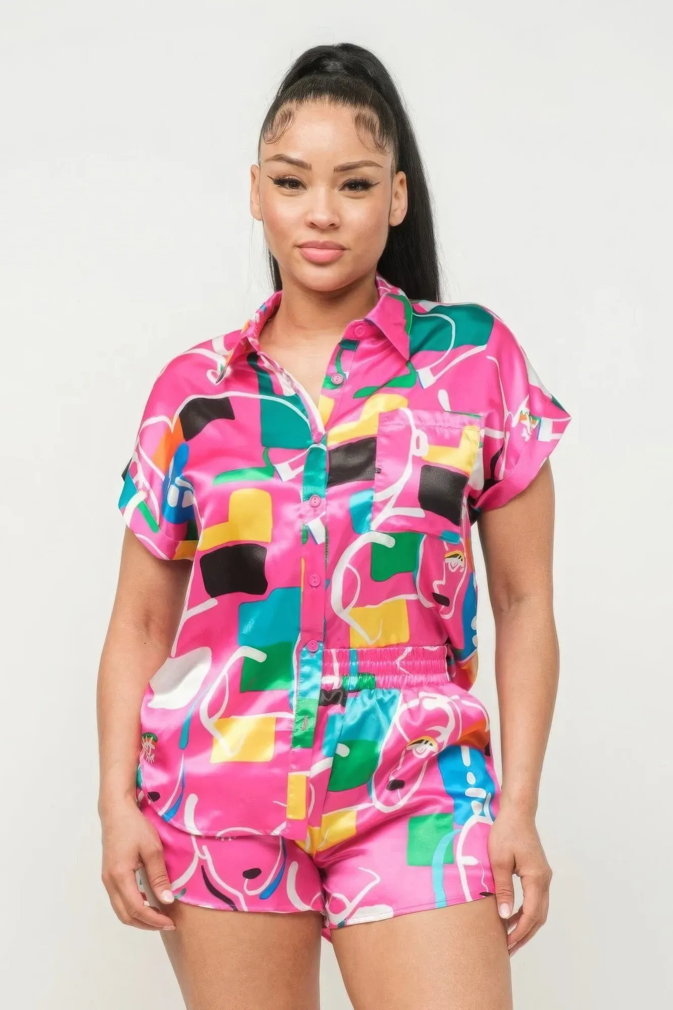 Pink Satin Dolman Print Button Down Top And Shorts Set