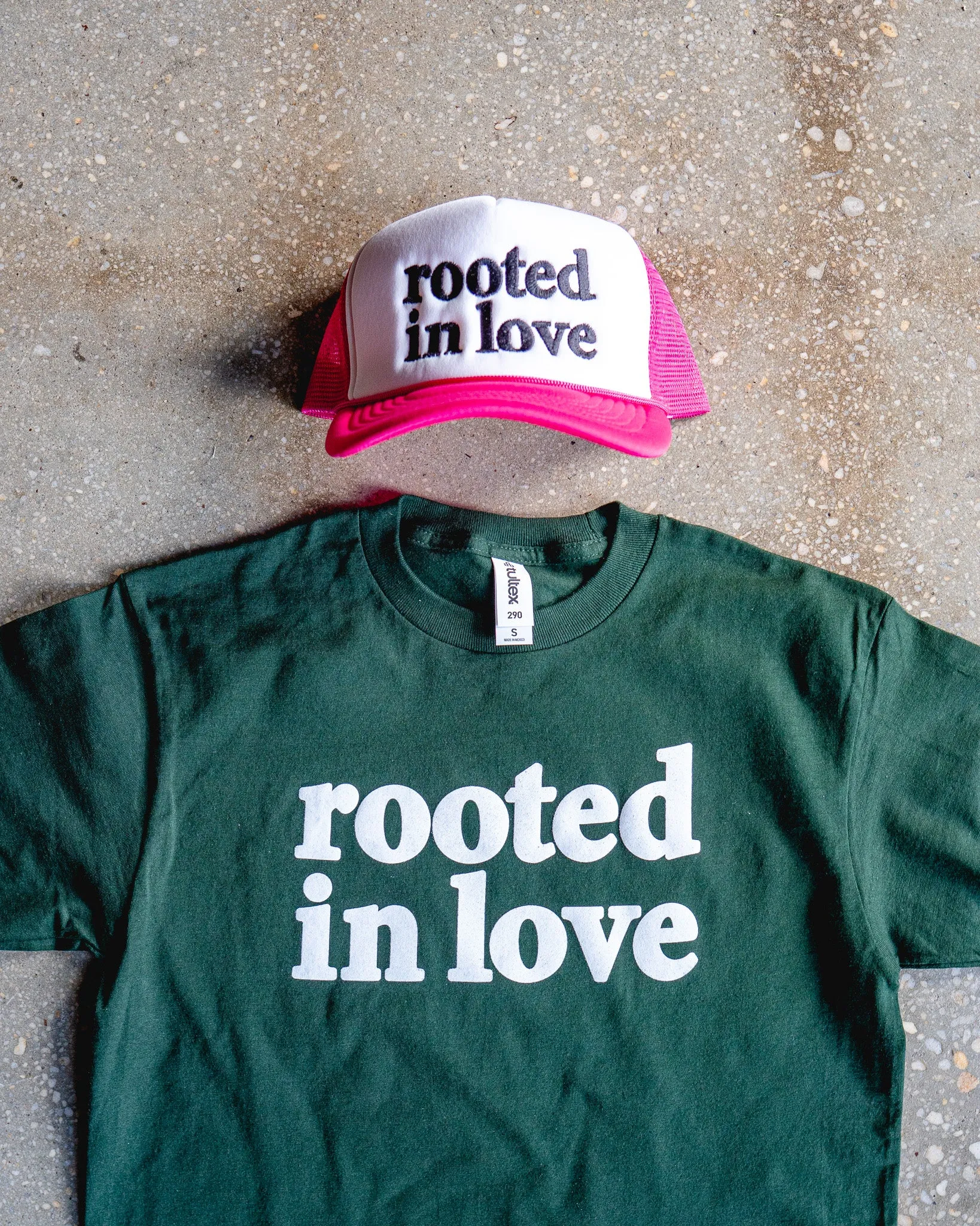 Rooted In Love Adult Box T-Shirt & Hot Pink/White Trucker Bundle