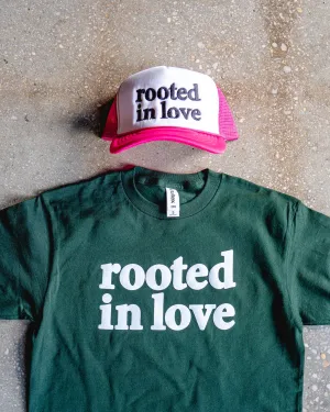 Rooted In Love Adult Box T-Shirt & Hot Pink/White Trucker Bundle