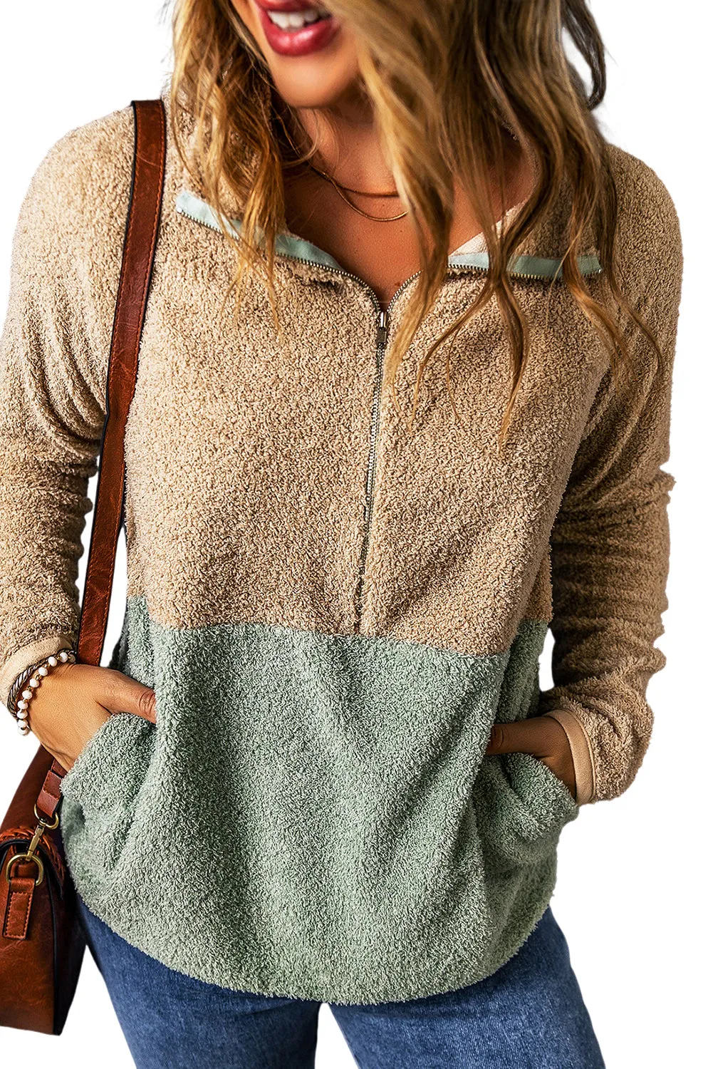 Smoke Gray 2-tone Color Block Half Zip Fleece Sweatshirt