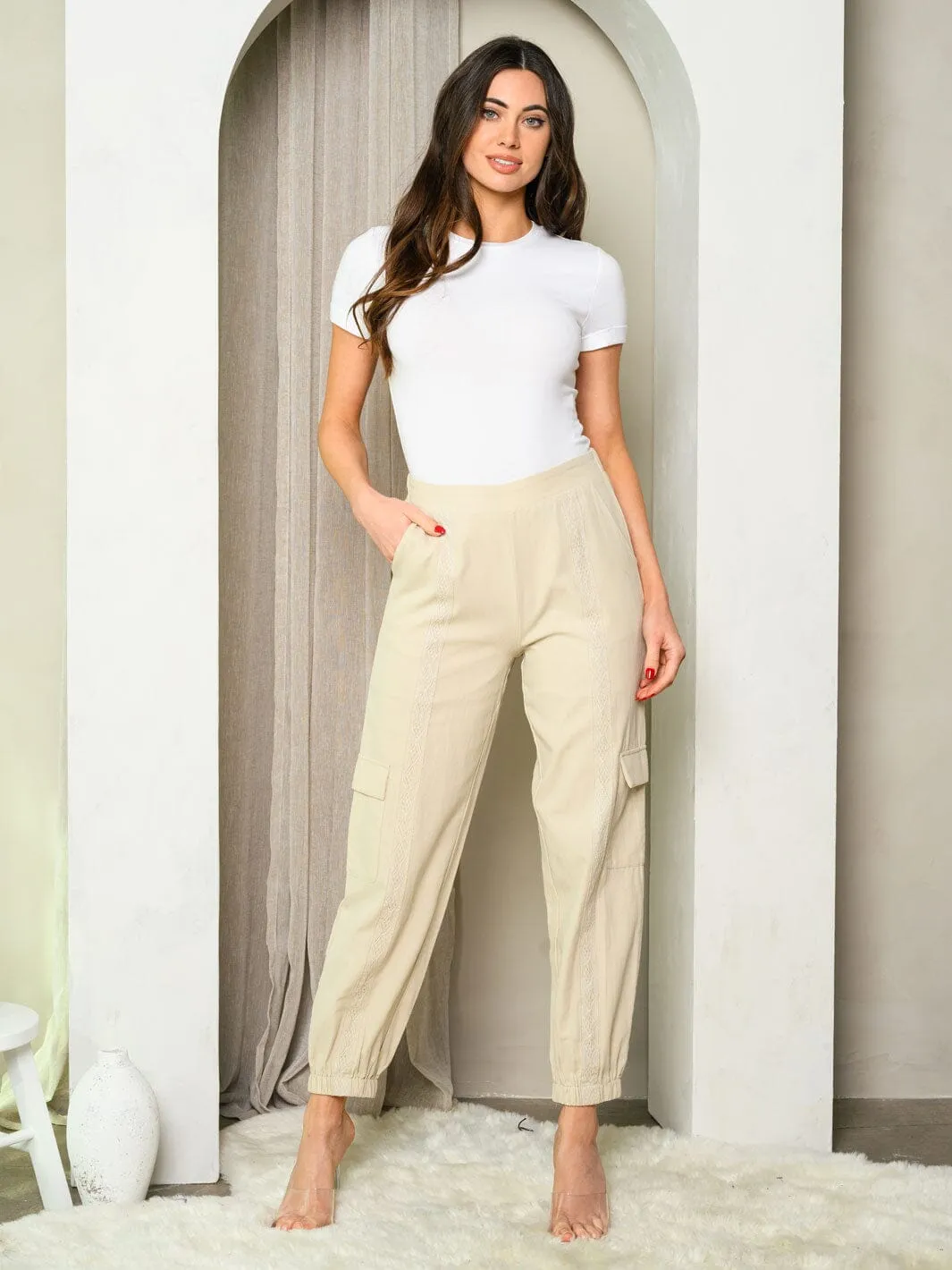 WOMEN'S LACE INSET JOGGER POCKETS PANTS