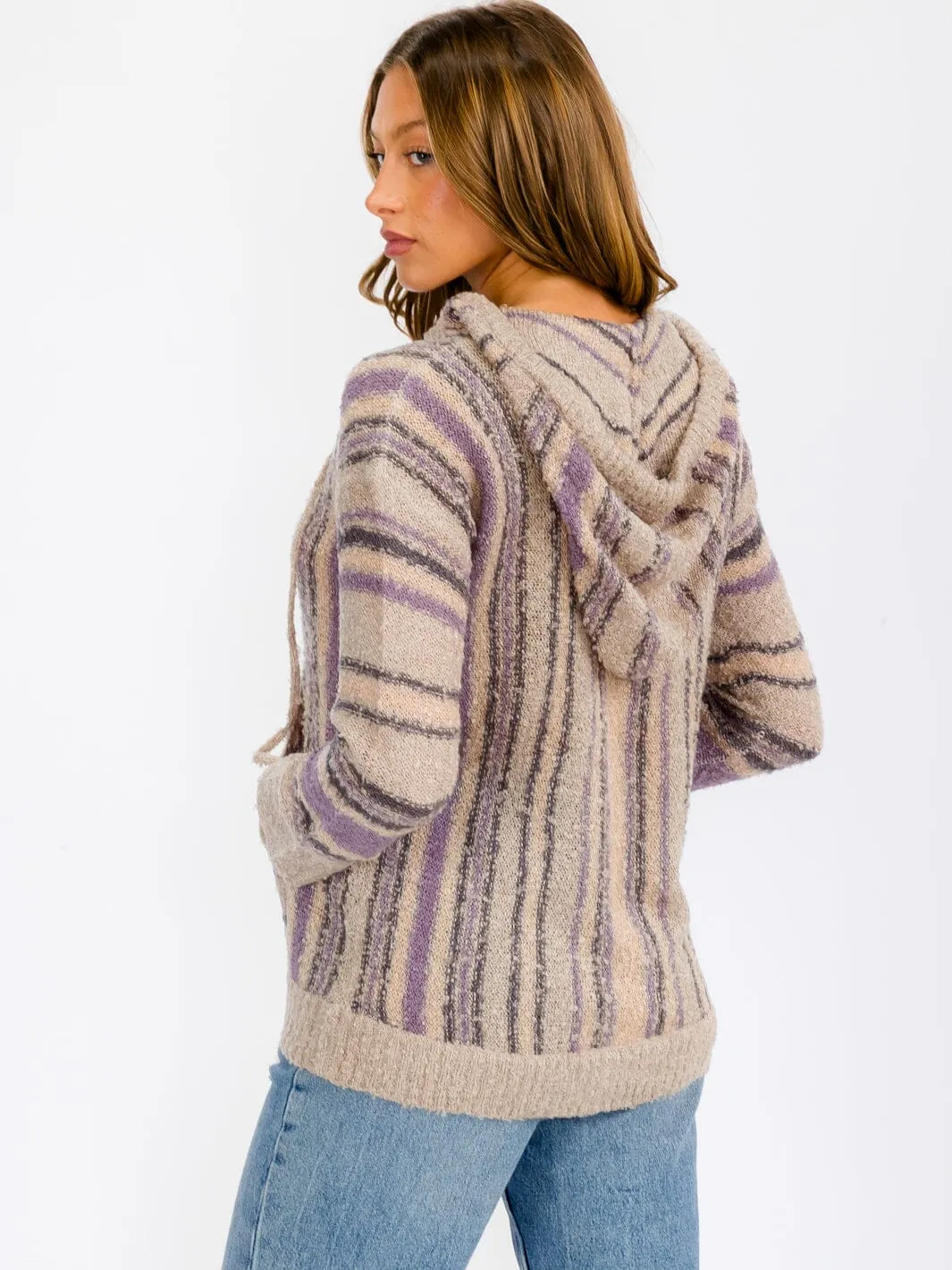 WOMEN'S LONG SLEEVE HOODED MULTI PRINT POCKETS PULLOVER SWEATER