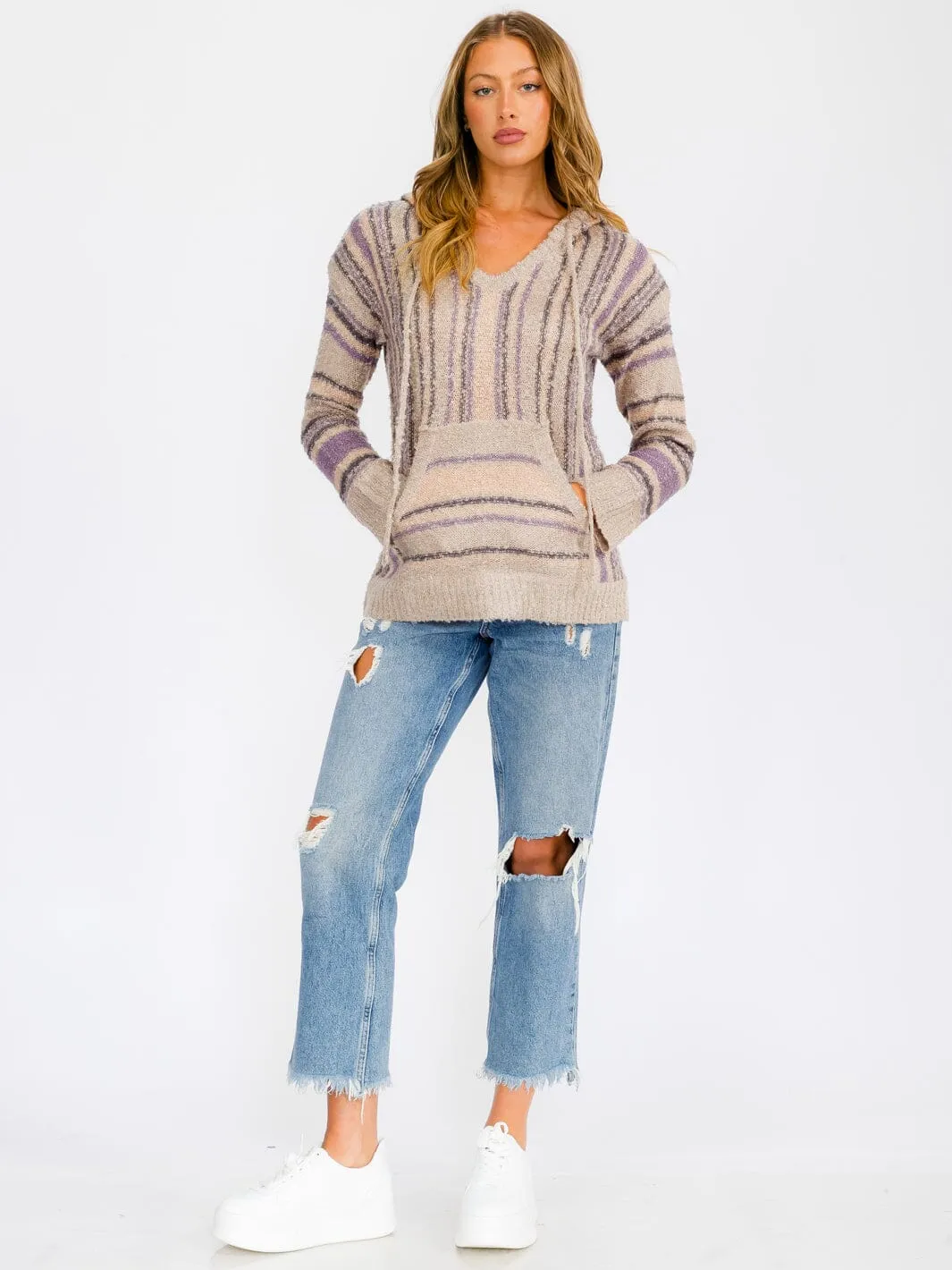 WOMEN'S LONG SLEEVE HOODED MULTI PRINT POCKETS PULLOVER SWEATER
