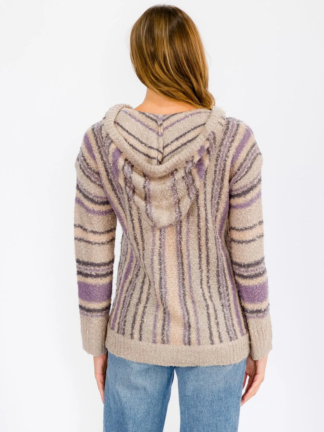 WOMEN'S LONG SLEEVE HOODED MULTI PRINT POCKETS PULLOVER SWEATER
