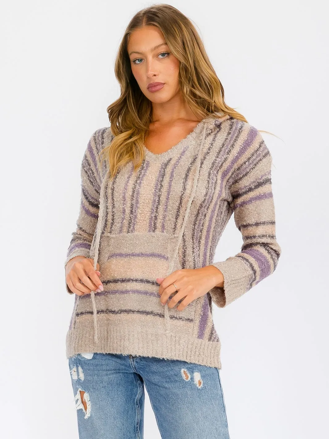 WOMEN'S LONG SLEEVE HOODED MULTI PRINT POCKETS PULLOVER SWEATER