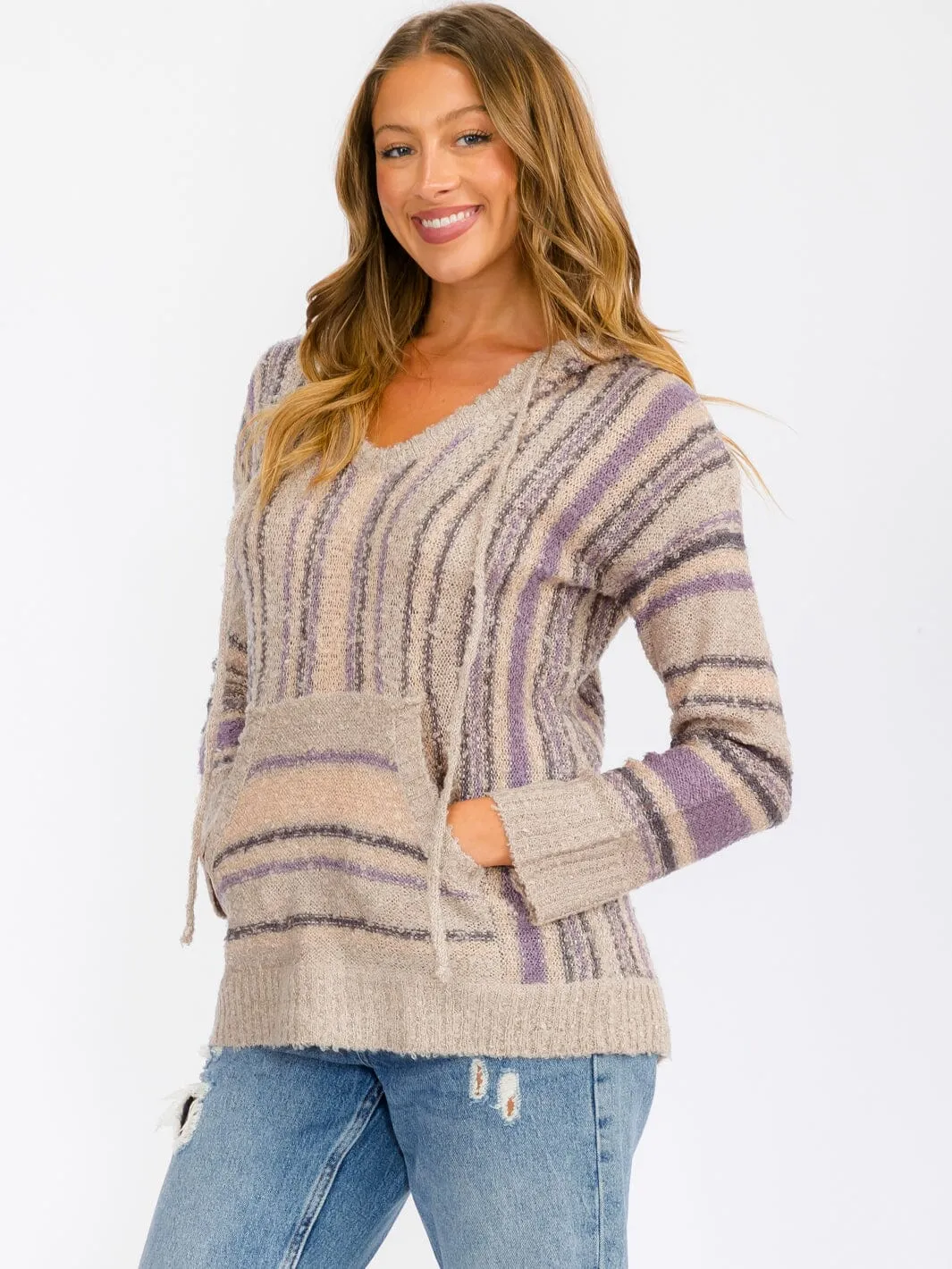 WOMEN'S LONG SLEEVE HOODED MULTI PRINT POCKETS PULLOVER SWEATER