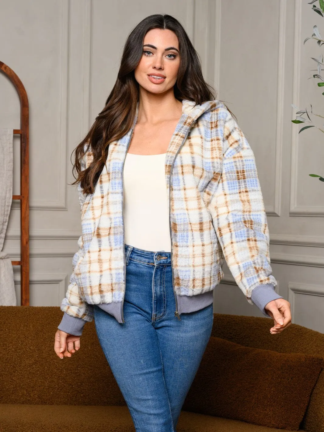 WOMEN'S LONG SLEEVE ZIP UP FUZZY HOODED JACKET