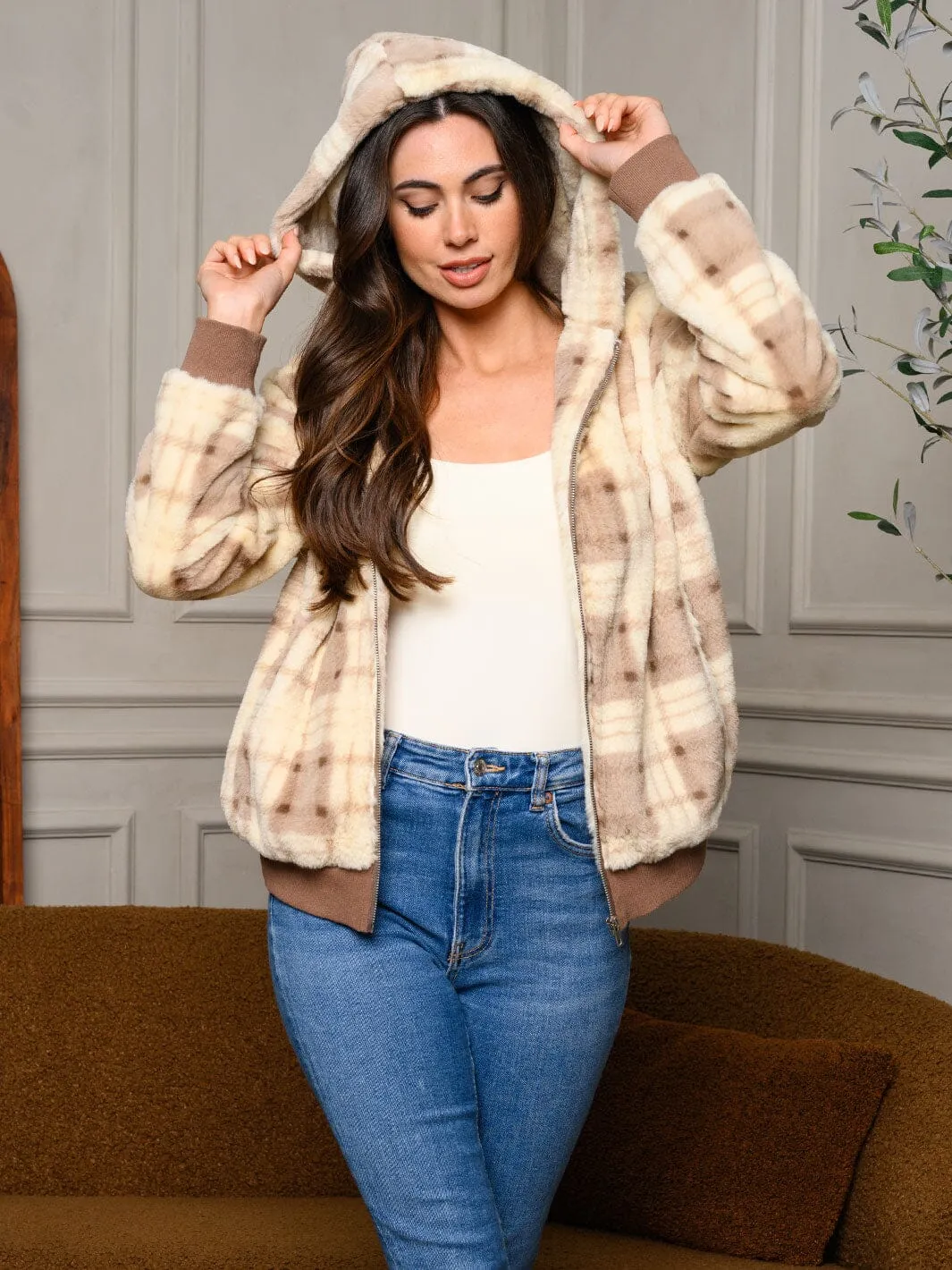 WOMEN'S LONG SLEEVE ZIP UP FUZZY HOODED JACKET