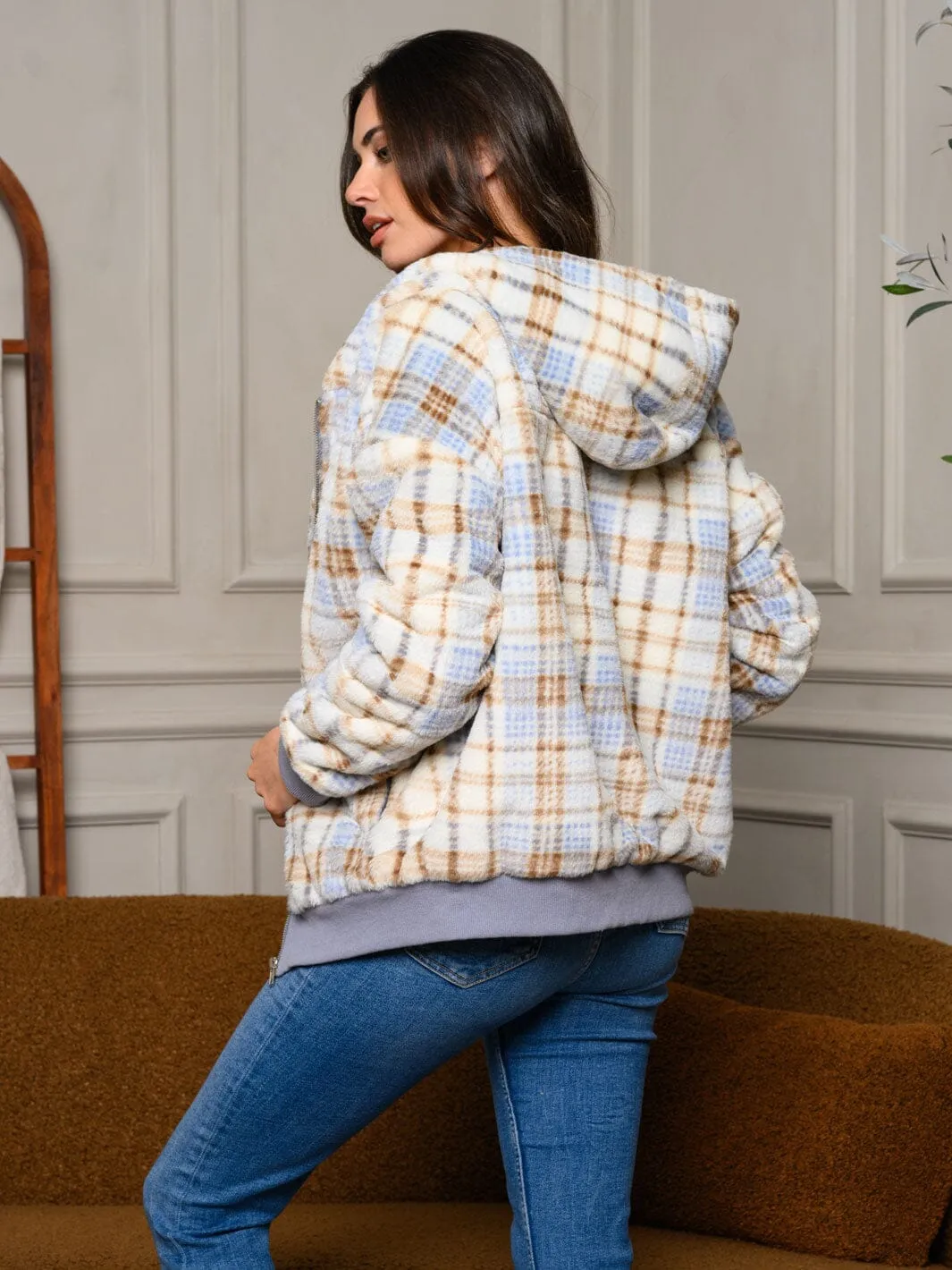 WOMEN'S LONG SLEEVE ZIP UP FUZZY HOODED JACKET
