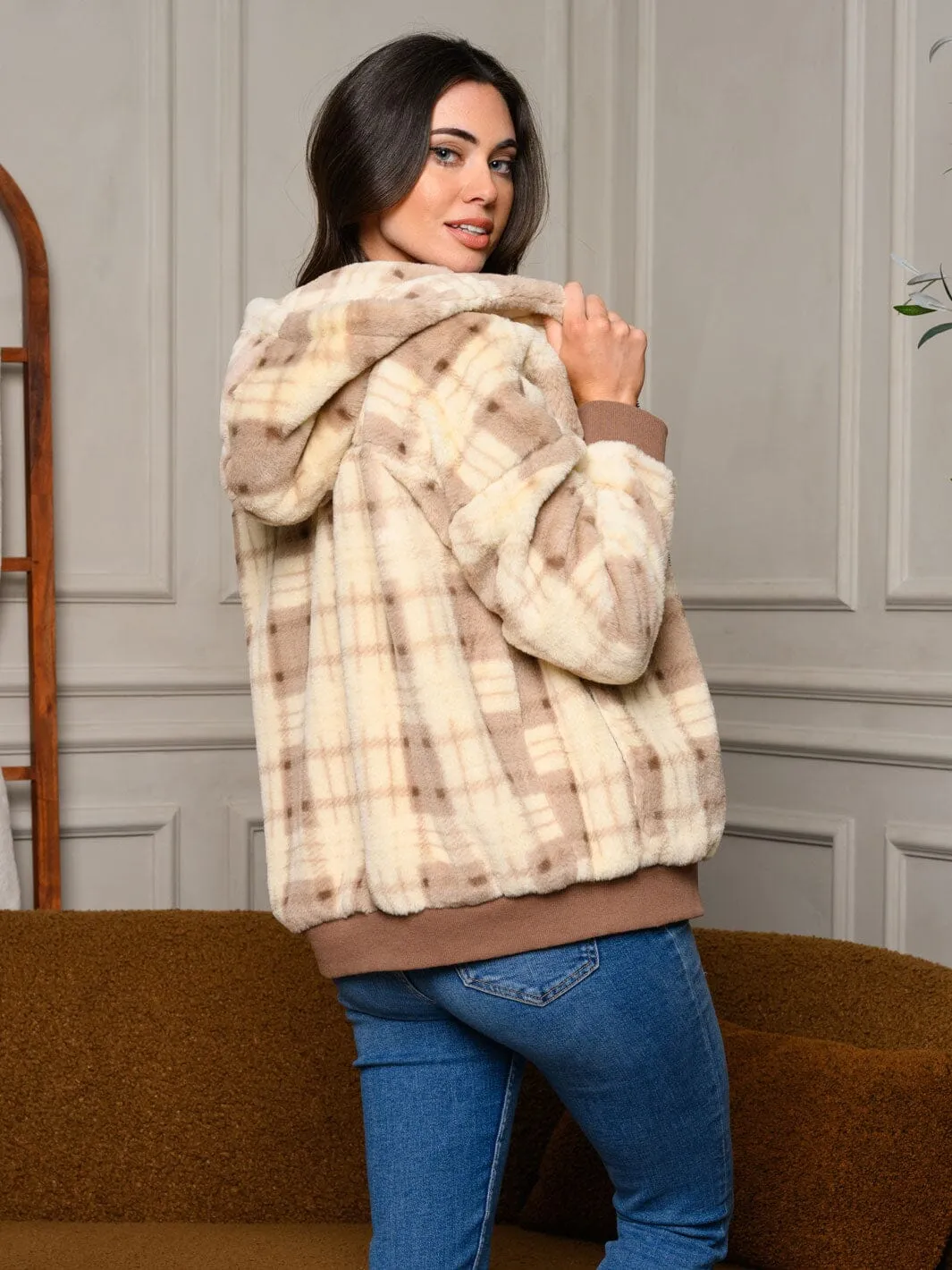 WOMEN'S LONG SLEEVE ZIP UP FUZZY HOODED JACKET